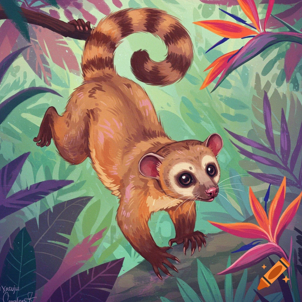 A kinkajou is climbing on a branch in a colorful jungle.