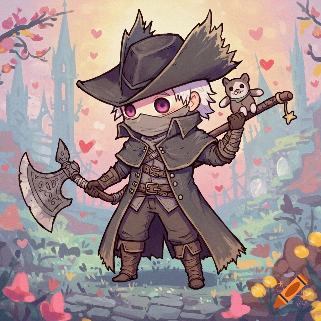 Cute illustration of a chibi Bloodborne hunter holding an axe and a teddy bear in a fantasy setting.