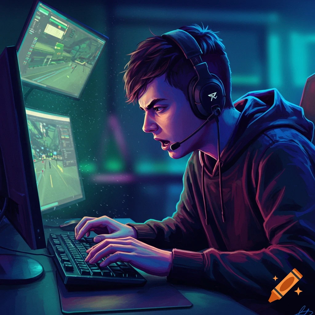 A young man intensely plays a video game at two monitors while wearing headphones.