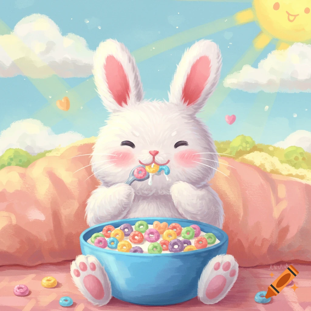 A cute white bunny eats colorful cereal from a blue bowl with a spoon.
