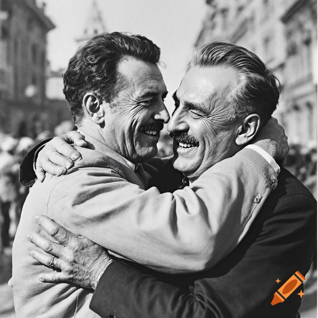 Two older men with moustaches embrace and laugh in a black and white photograph.