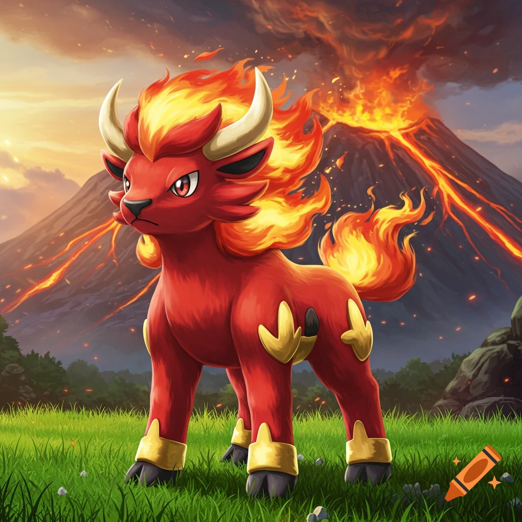 Red fire Pokemon creature with fiery mane and tail stands in a field before an erupting volcano.
