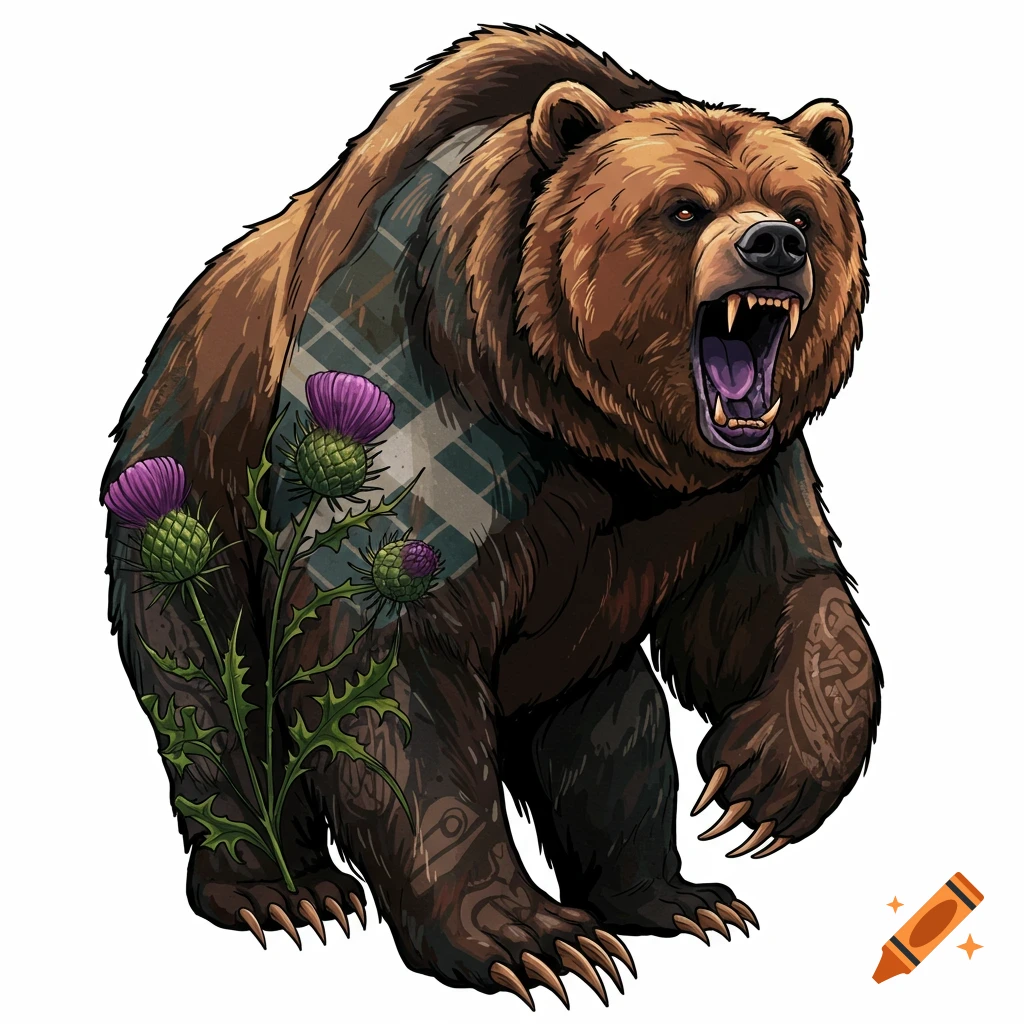 A roaring brown bear with purple thistle flowers and blue tartan patterns.