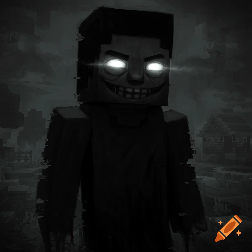 A dark image of a creepy Herobrine character with glowing eyes and a wide grin in a spooky Minecraft-like village.