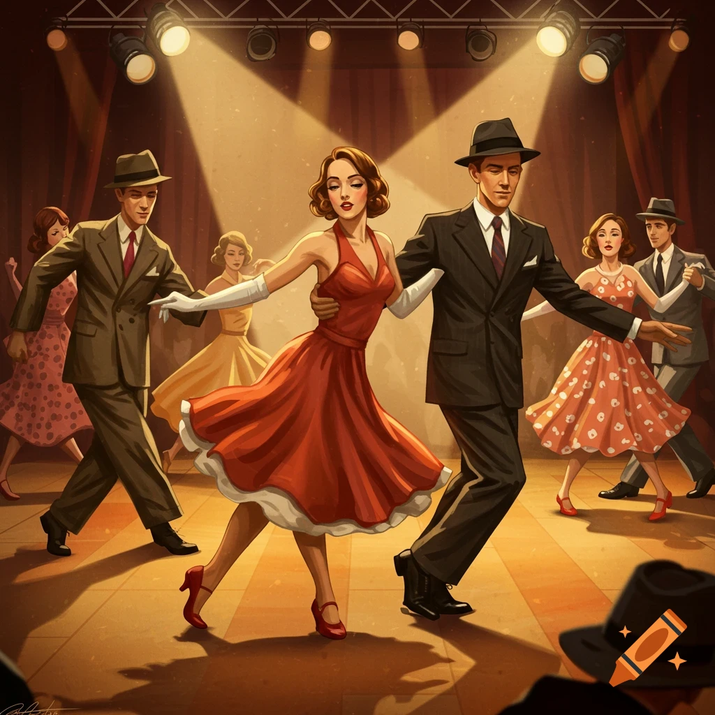 Couples swing dancing on a stage under spotlights