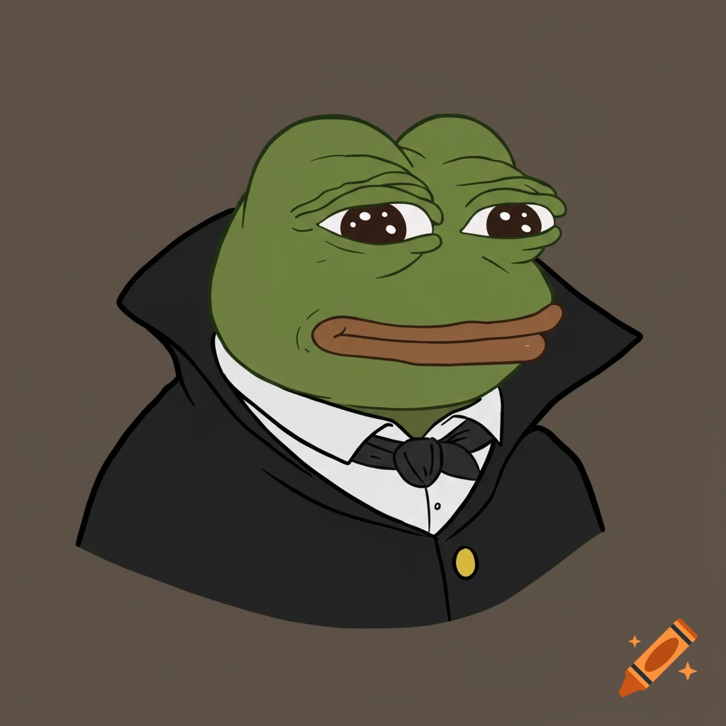 Cartoon illustration of Pepe the frog dressed as Dracula.