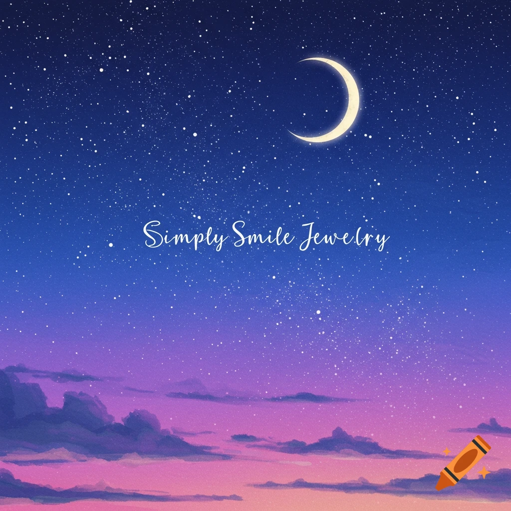 A night sky with stars, a crescent moon, and the text 'Simply Smile Jewelry'.