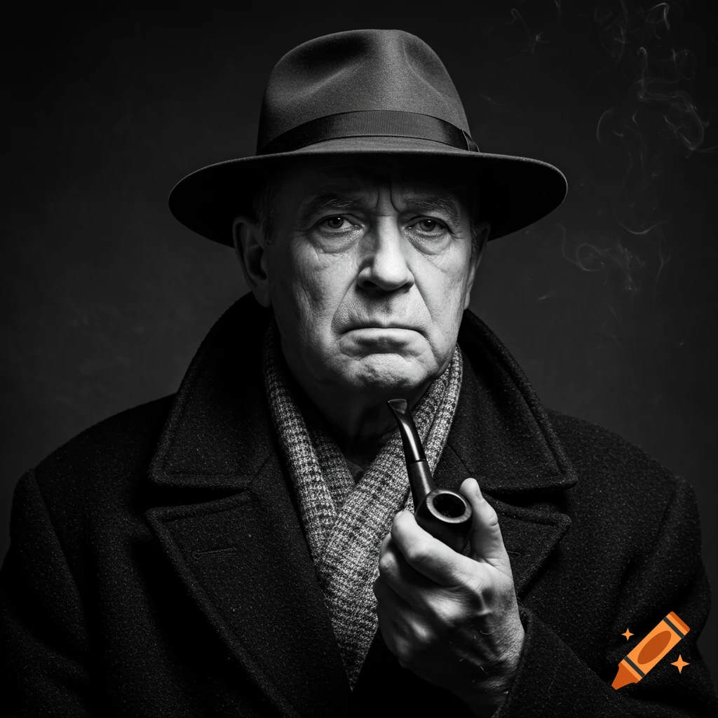 Black and white portrait of an older man in a fedora hat and coat, holding a smoking pipe