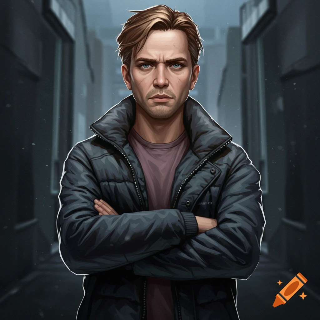 A man in a dark puffer jacket with arms crossed, standing in a narrow urban alley.