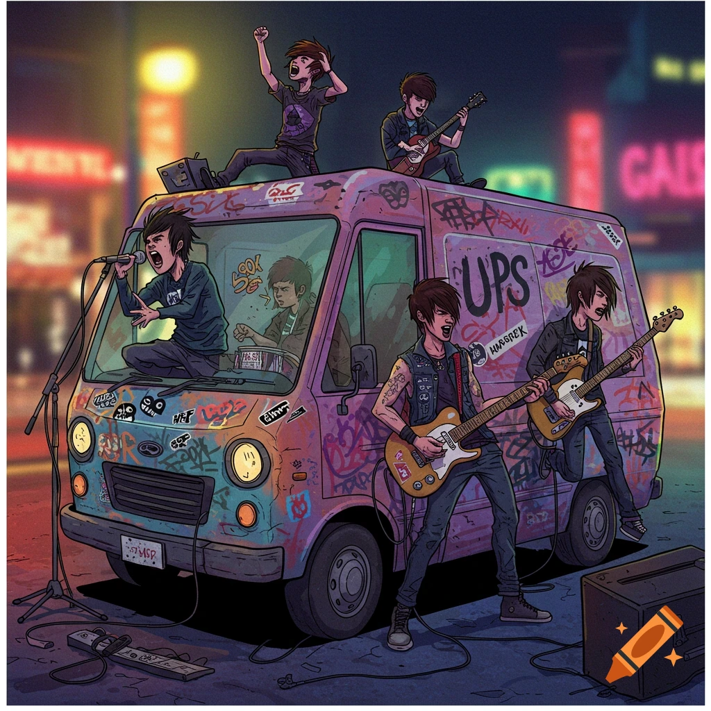 An emo punk band playing music on and around a graffiti-covered van at night.