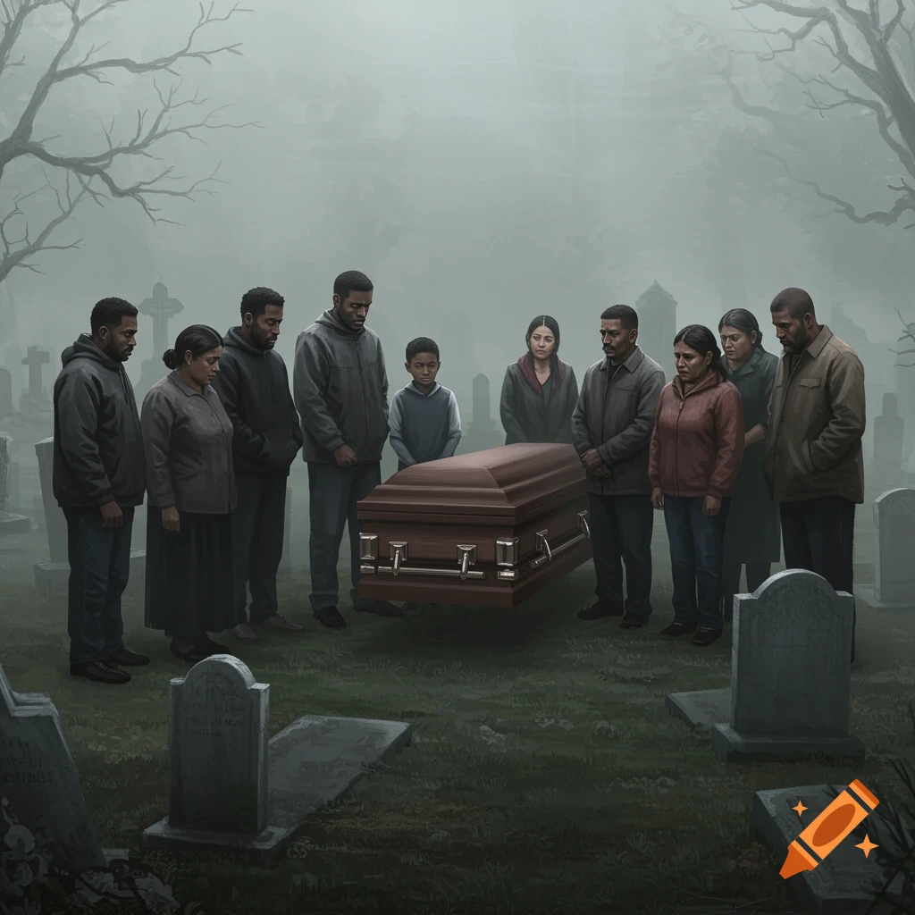 Families gathered around a casket in a foggy graveyard.
