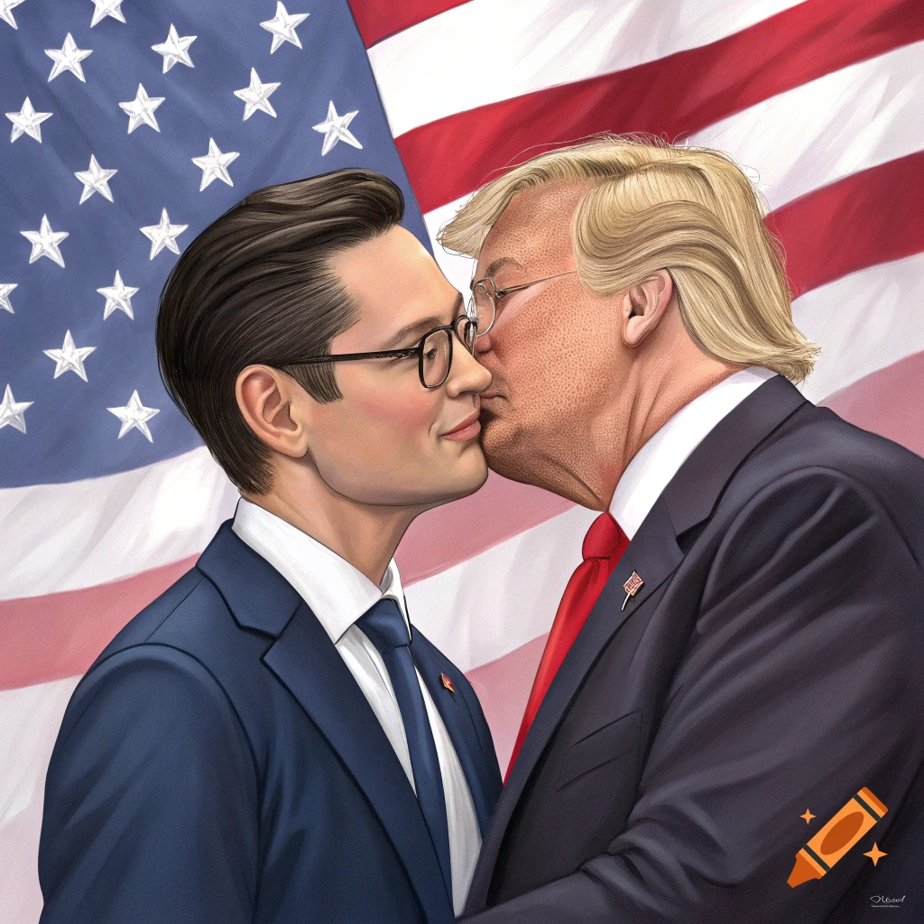 Illustration of Pierre Poilievre kissing Donald Trump in front of an American flag.