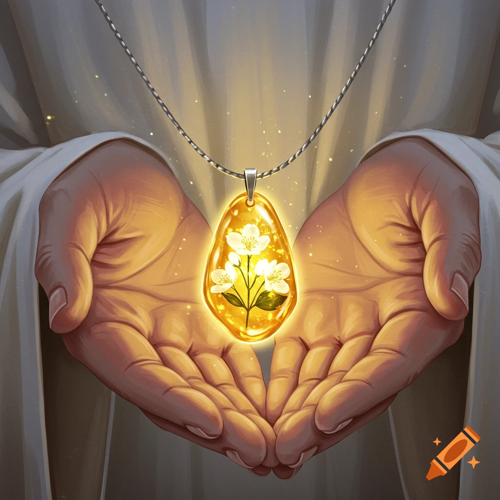 Hands holding a glowing pendant with flowers.