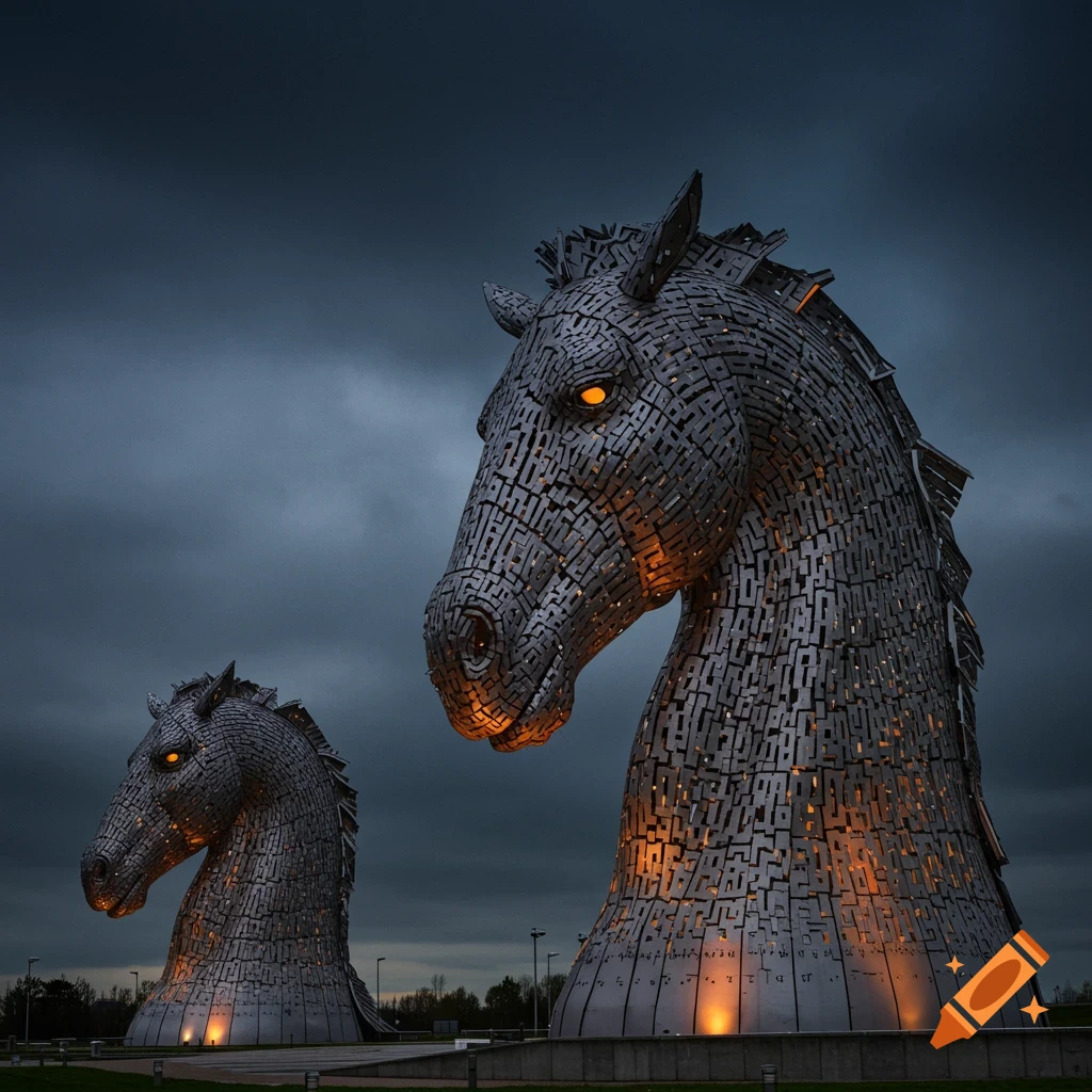Two illuminated metallic horse head sculptures under a dark, cloudy sky.
