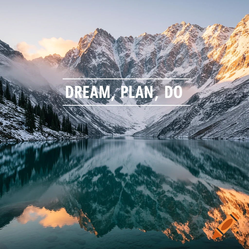 Snowy mountains reflected in a lake with the text 'DREAM, PLAN, DO'