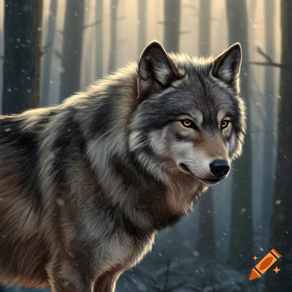 A realistic image of a wolf in a snowy forest.
