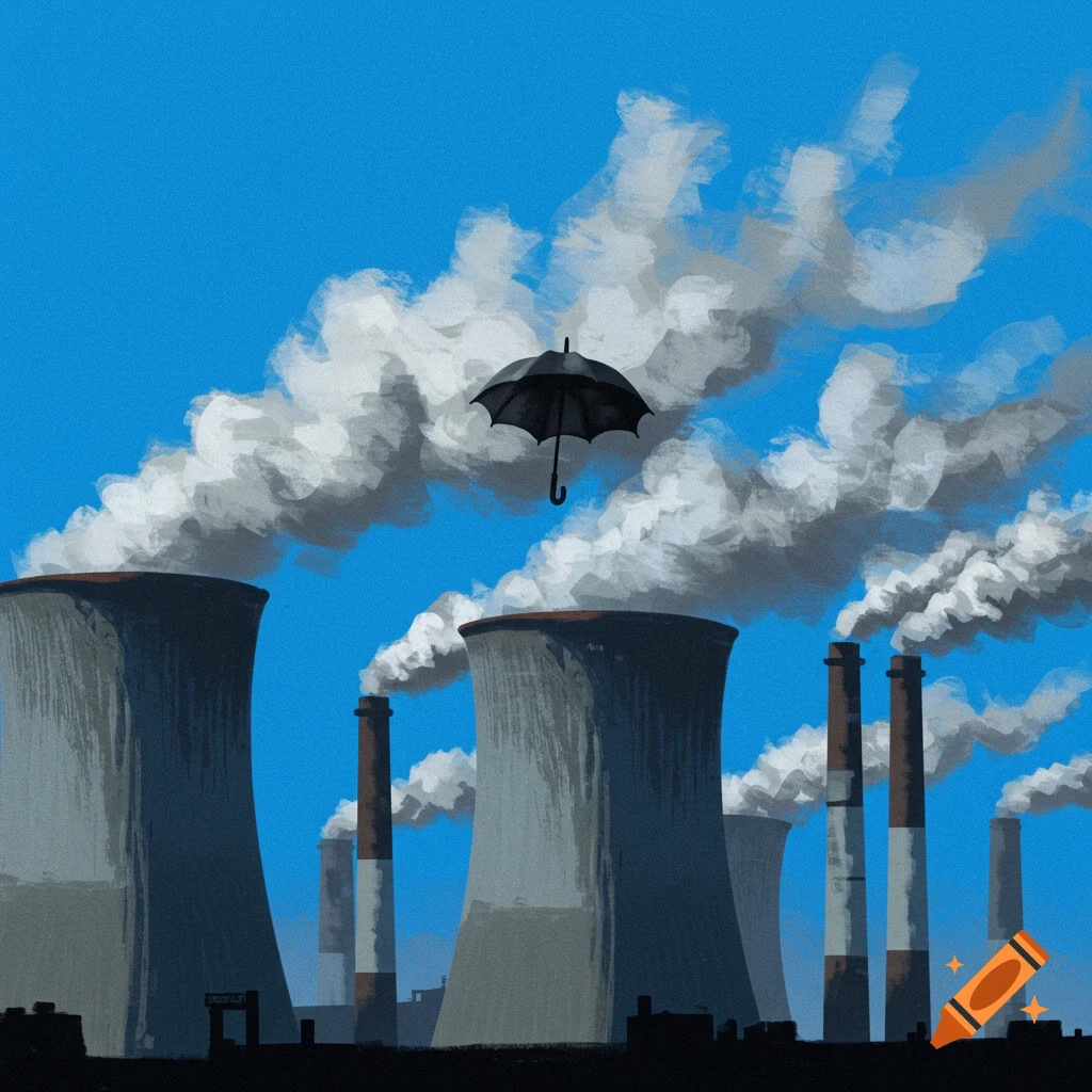Smokestacks emitting smoke with a black umbrella drifting in a blue sky.