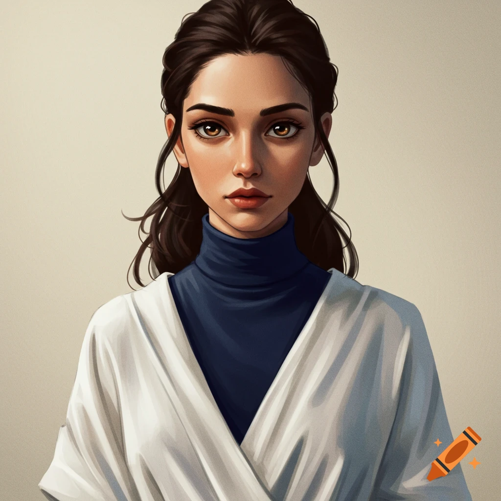 Portrait of a woman in a blue turtleneck and white flowing tunic.