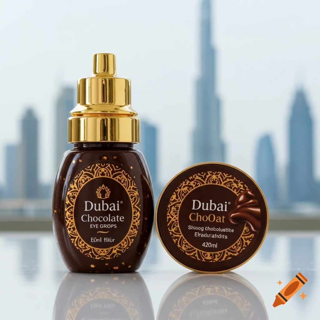 Bottle and lid of 'Dubai Chocolate' product with gold labels on a reflective surface, blurry city skyline background.