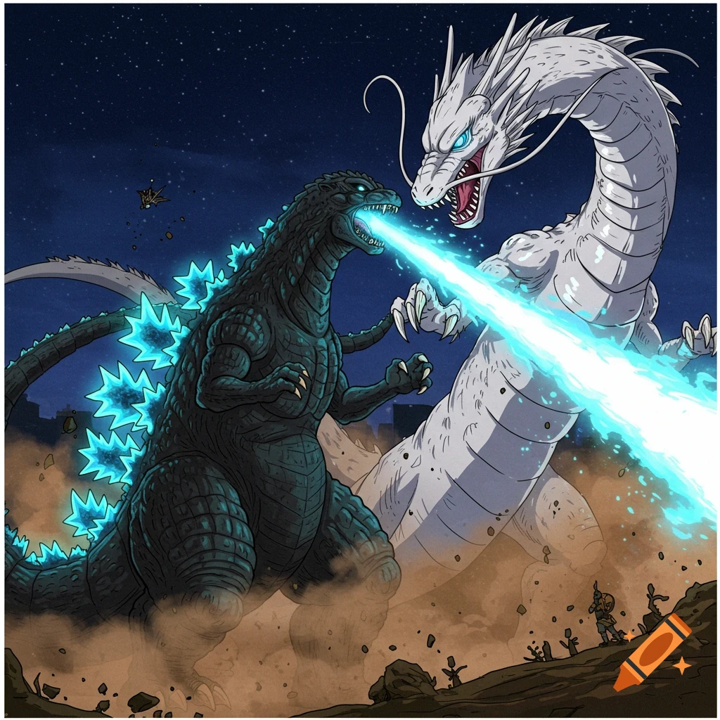 Godzilla fights a white dragon in a destroyed city at night.