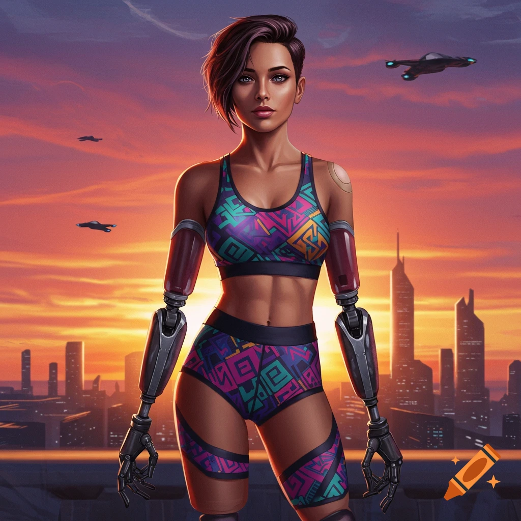 A quad amputee woman with prosthetic limbs, standing on a rooftop overlooking a futuristic city at sunset.