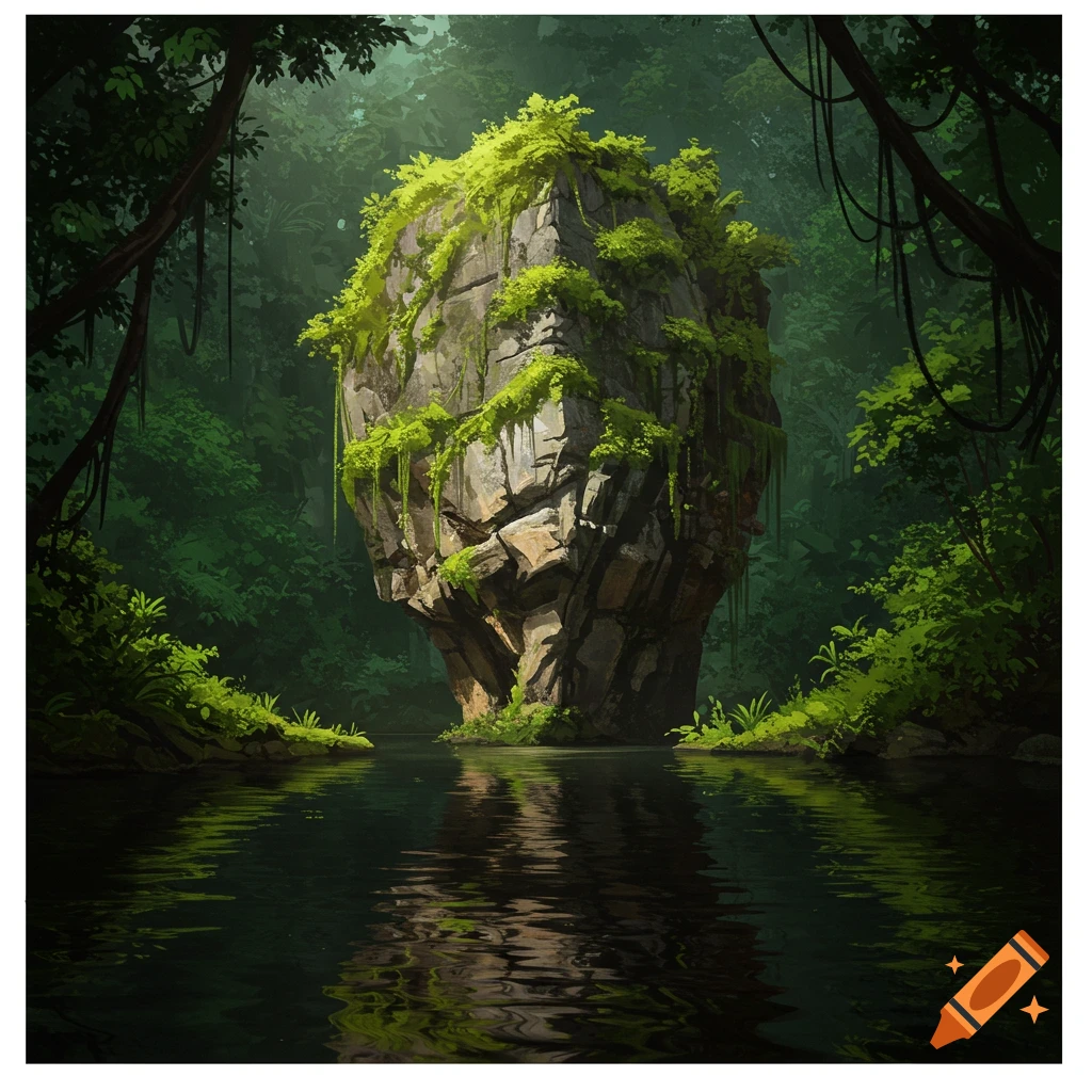 A large moss-covered rock stands in the center of a dark jungle lake, surrounded by lush green foliage.