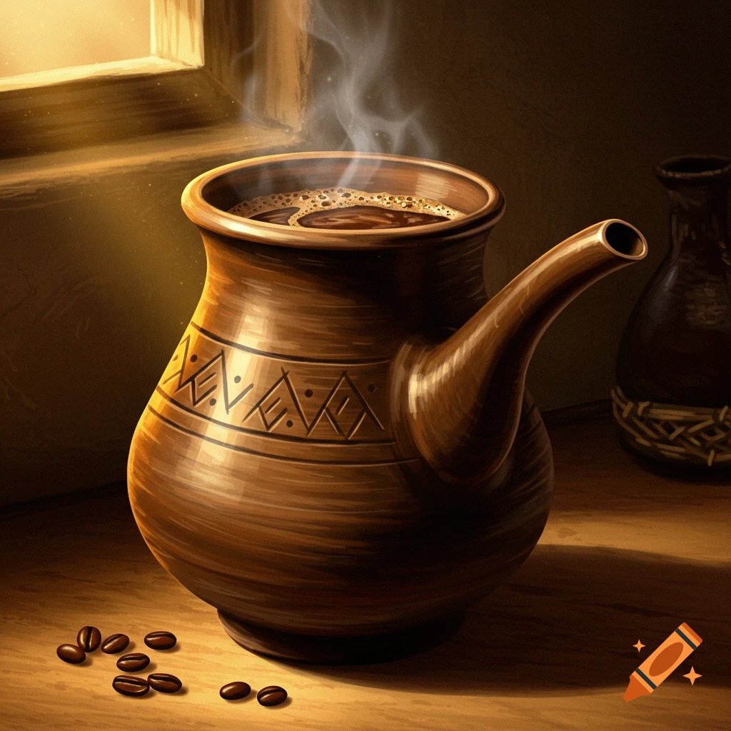 A jebena clay pot with steaming coffee on a wooden surface with scattered coffee beans and light from a window.