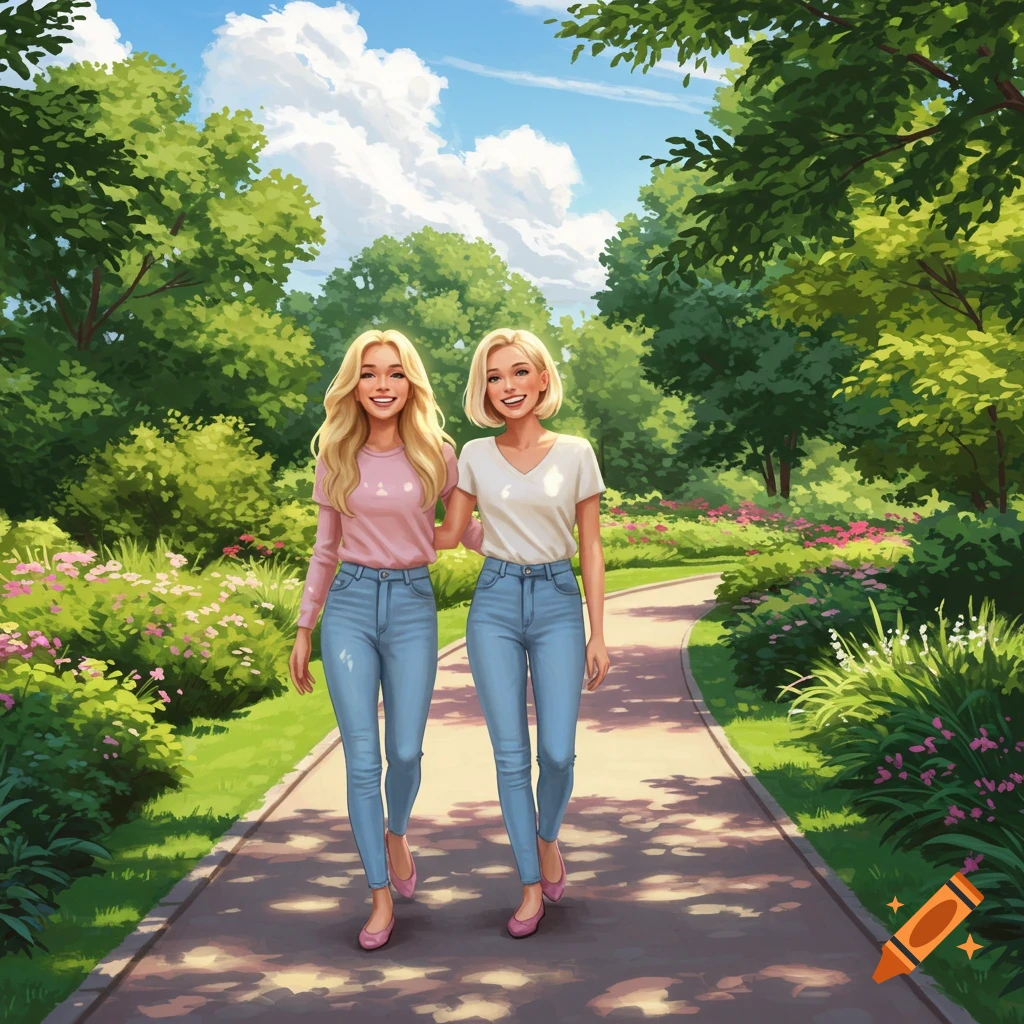 Two blonde women walk arm-in-arm on a park path.
