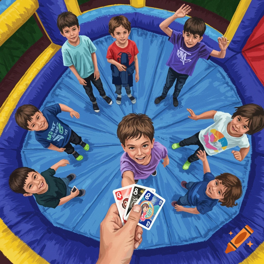 Aerial view of kids playing in a bouncy house with a hand holding cards in the foreground.
