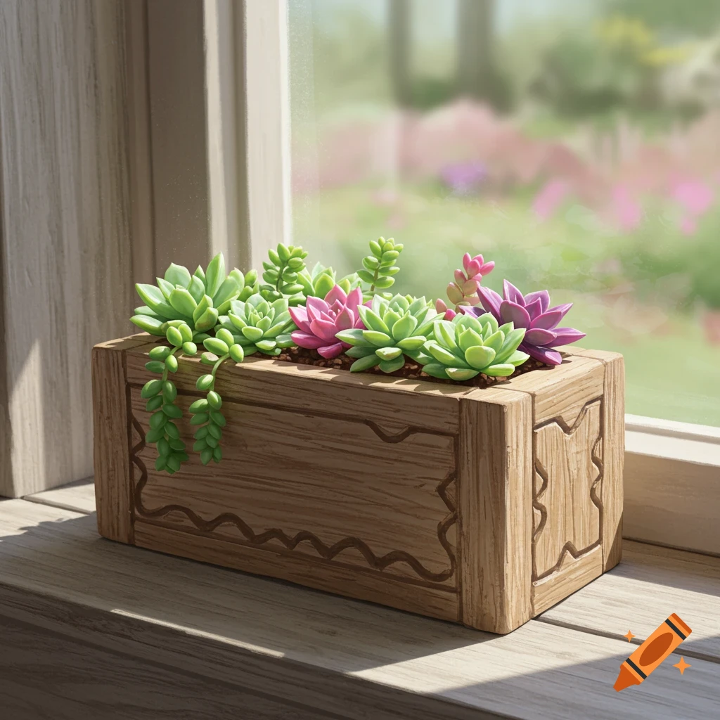 A wooden planter filled with colorful succulents sits on a windowsill with a blurred garden view.