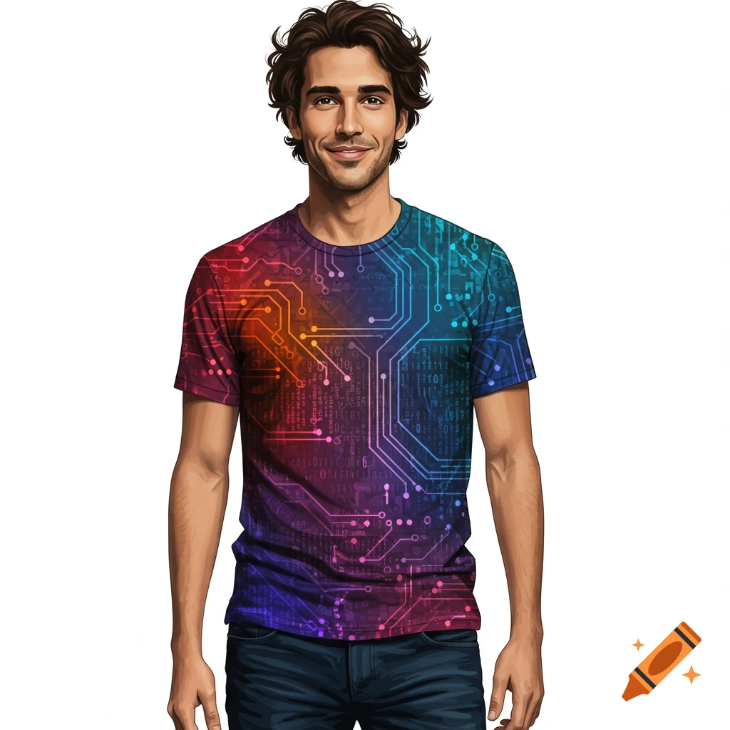 A man wearing a colorful circuit board pattern t-shirt.