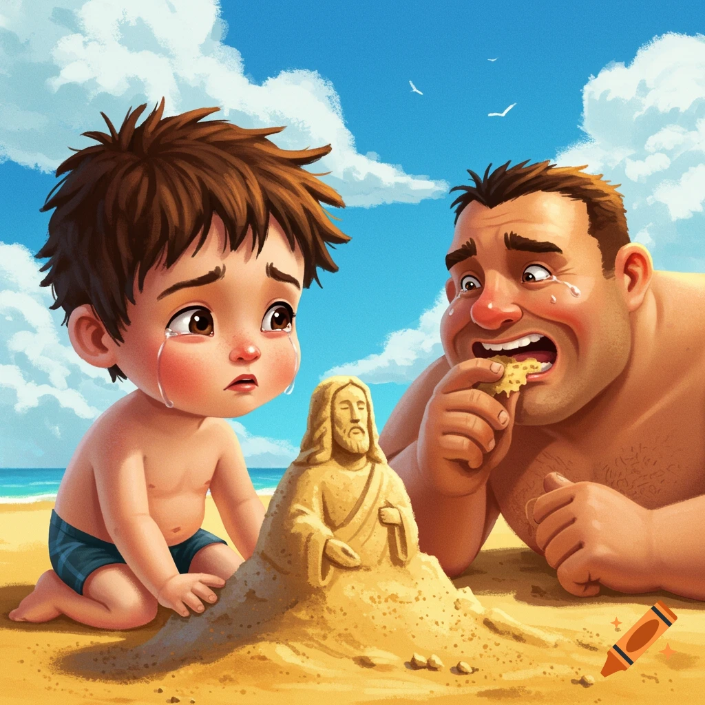 A crying child and man eating a sand sculpture of Jesus on a beach