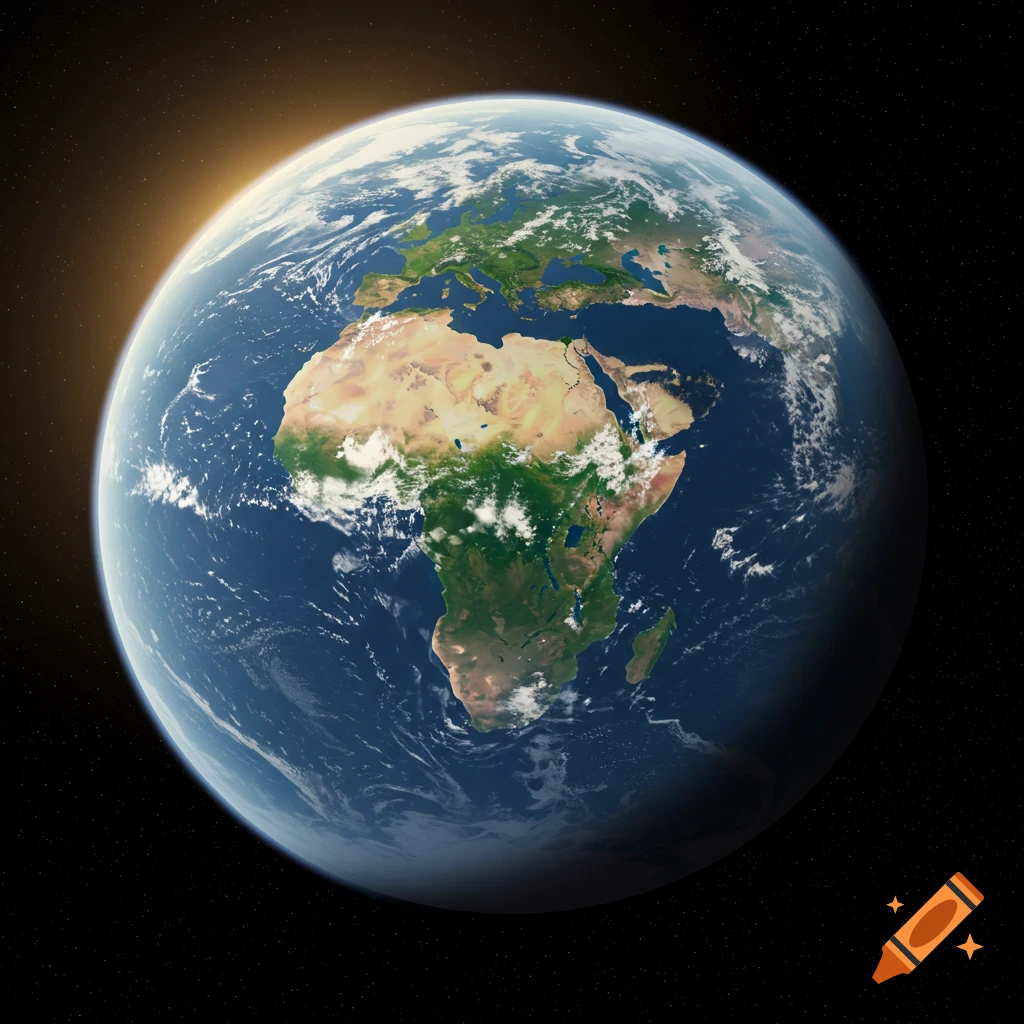 View of Earth from space with sun on the left, showing continents and clouds.