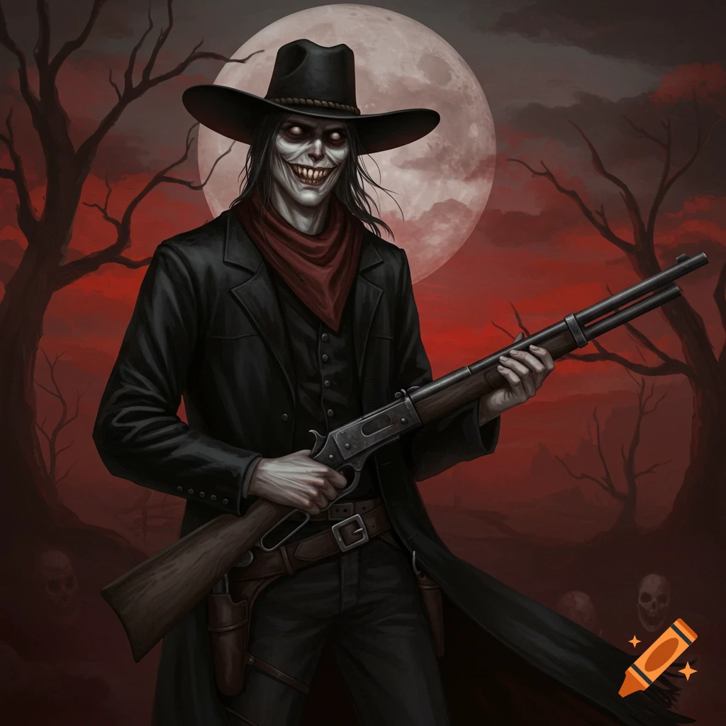 A creepy cowboy figure with a wide, grinning smile holds a rifle against a full moon and a dark, reddish sky with bare trees.