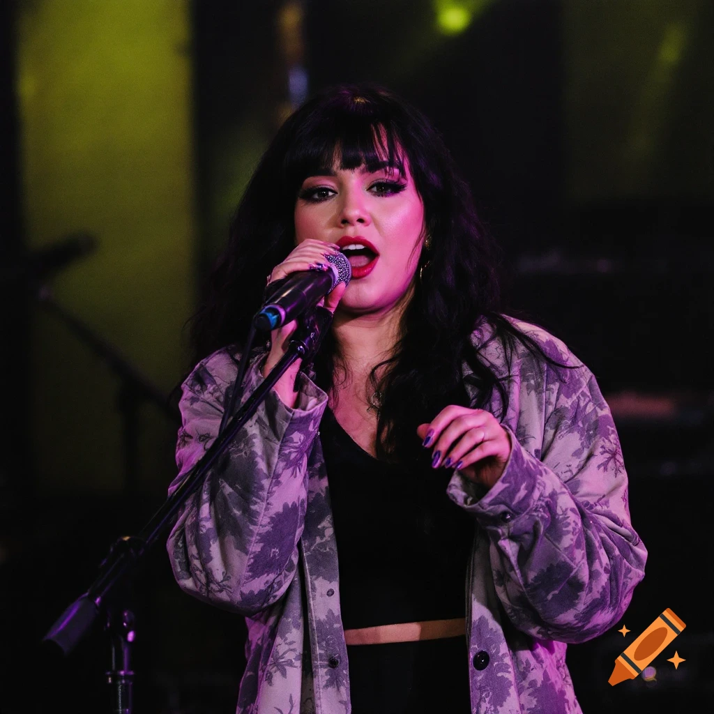 Woman singing into a microphone on stage during a concert