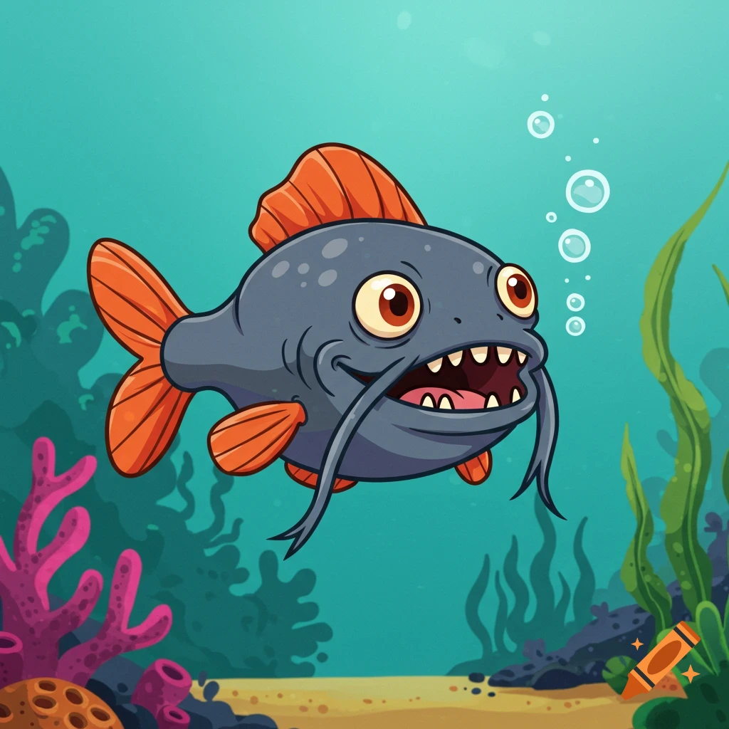 A cartoon catfish with whiskers swims underwater.