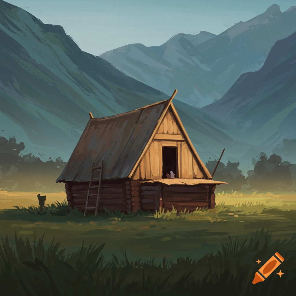 A wooden cabin stands in a grassy field with mountains in the background.