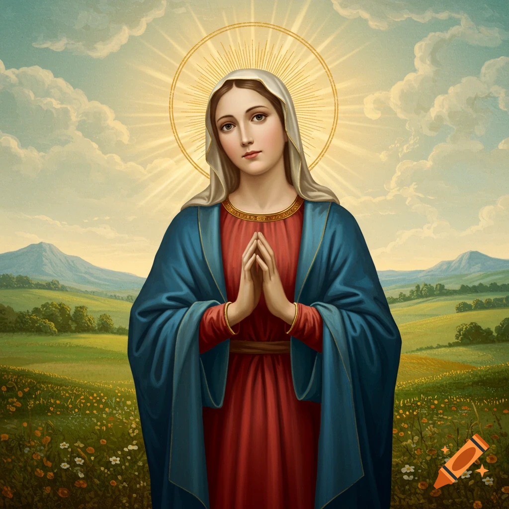 The Virgin Mary is in a field with mountains.