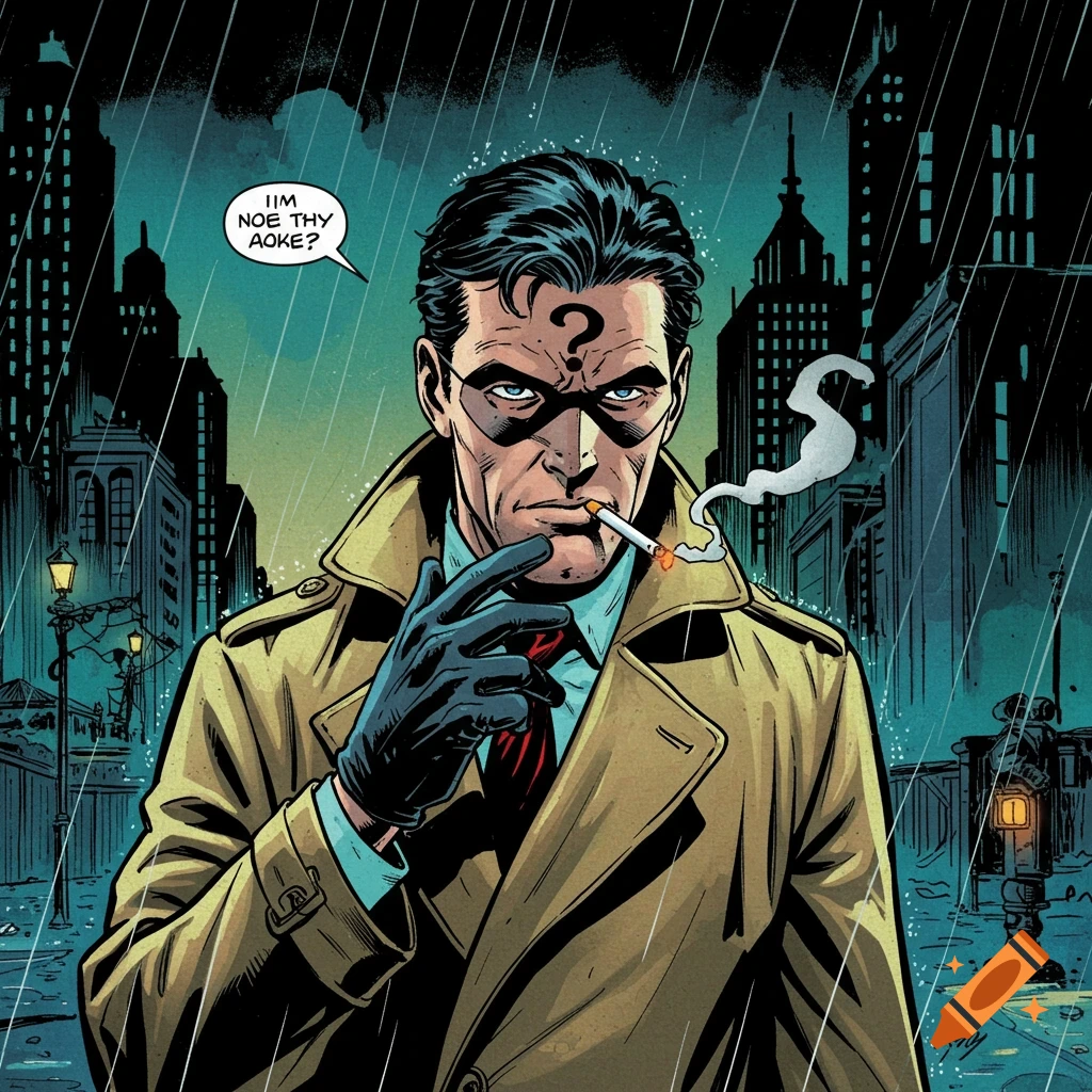 Comic art of Question in a trench coat smoking a cigarette in the rain with a cityscape background.