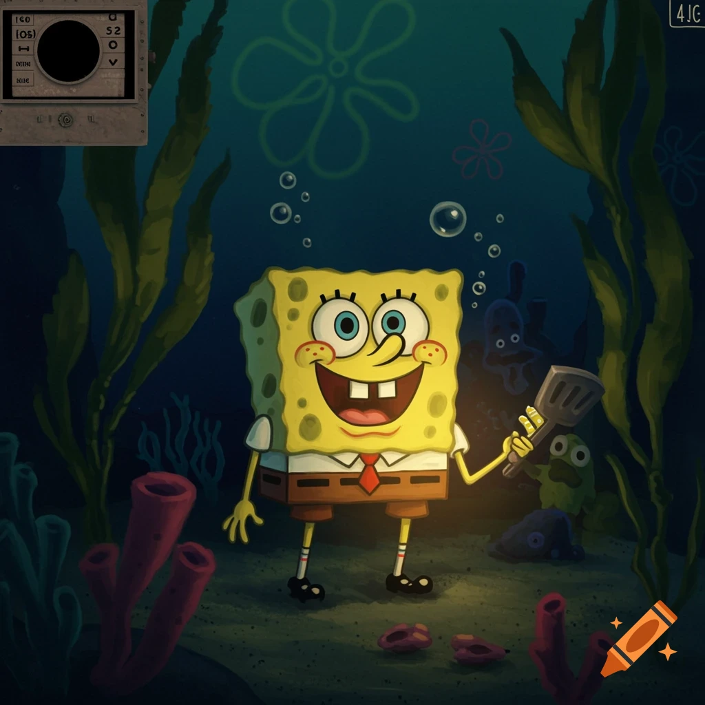 Spongebob Squarepants underwater at night, holding a spatula.