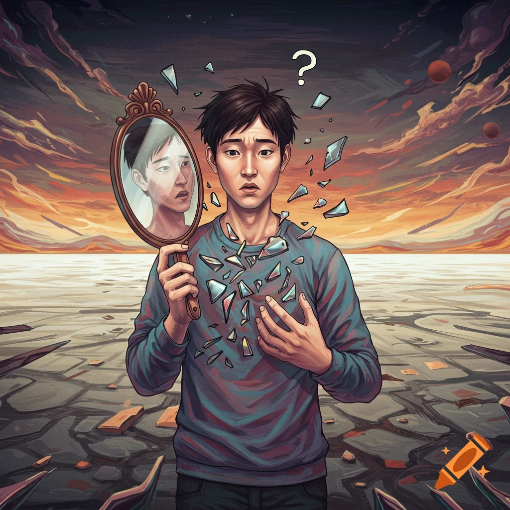 A confused person is holding a broken mirror and is surrounded by glass shards. A question mark hovers above them.