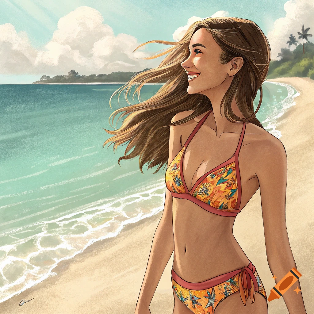 Illustration of a woman in a bikini on a beach.