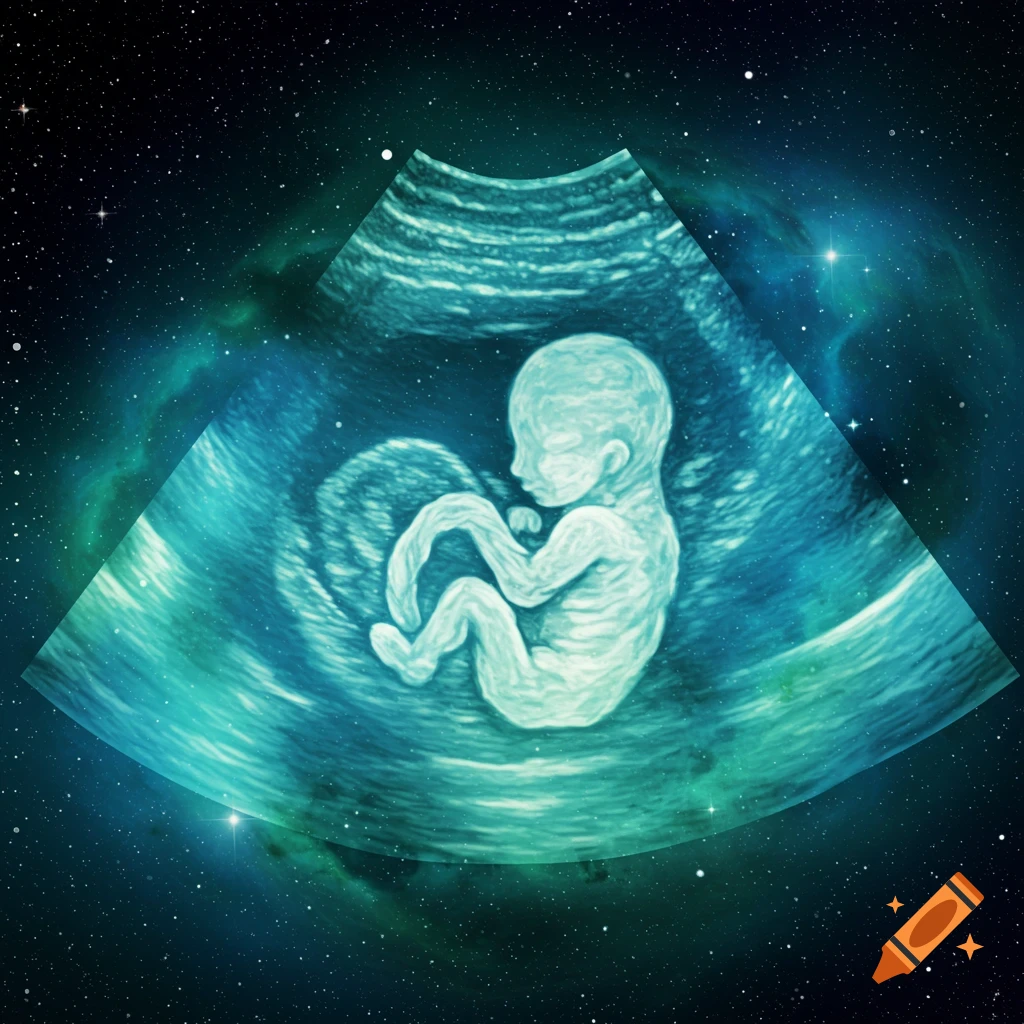 Artistic ultrasound of a fetus overlaid on a starfield and nebula background.