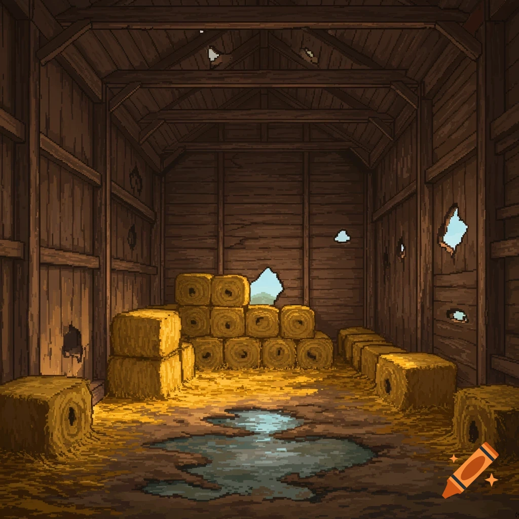Pixel art of an abandoned barn interior with hay bales and a puddle.