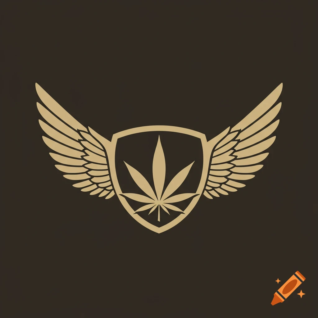 A gold logo featuring a shield with a cannabis leaf and large wings on a dark background.
