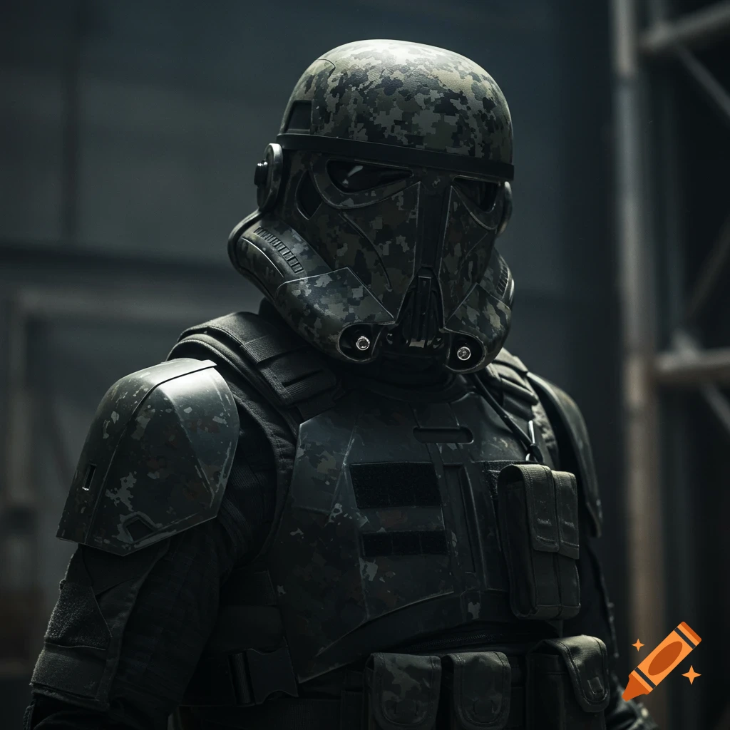Close-up photo of a character in dark digital camouflage sci-fi military armor.
