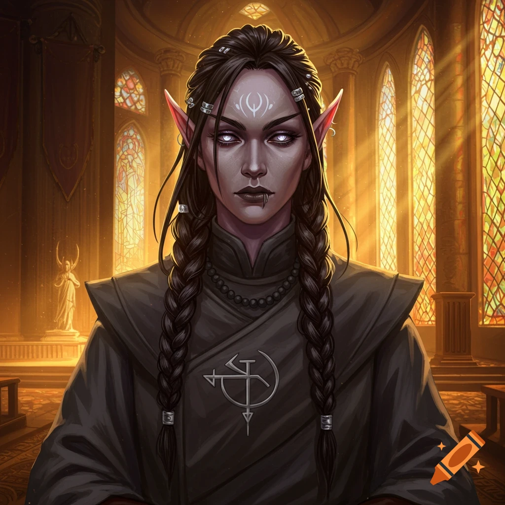 A female drow monk in a temple with stained glass windows.