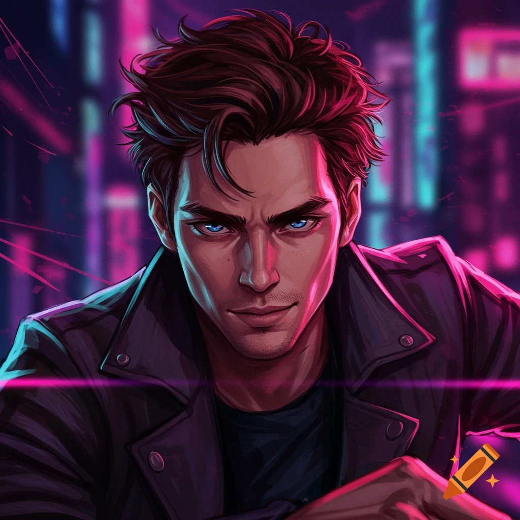 A man with blue eyes and leather jacket in a neon cityscape.