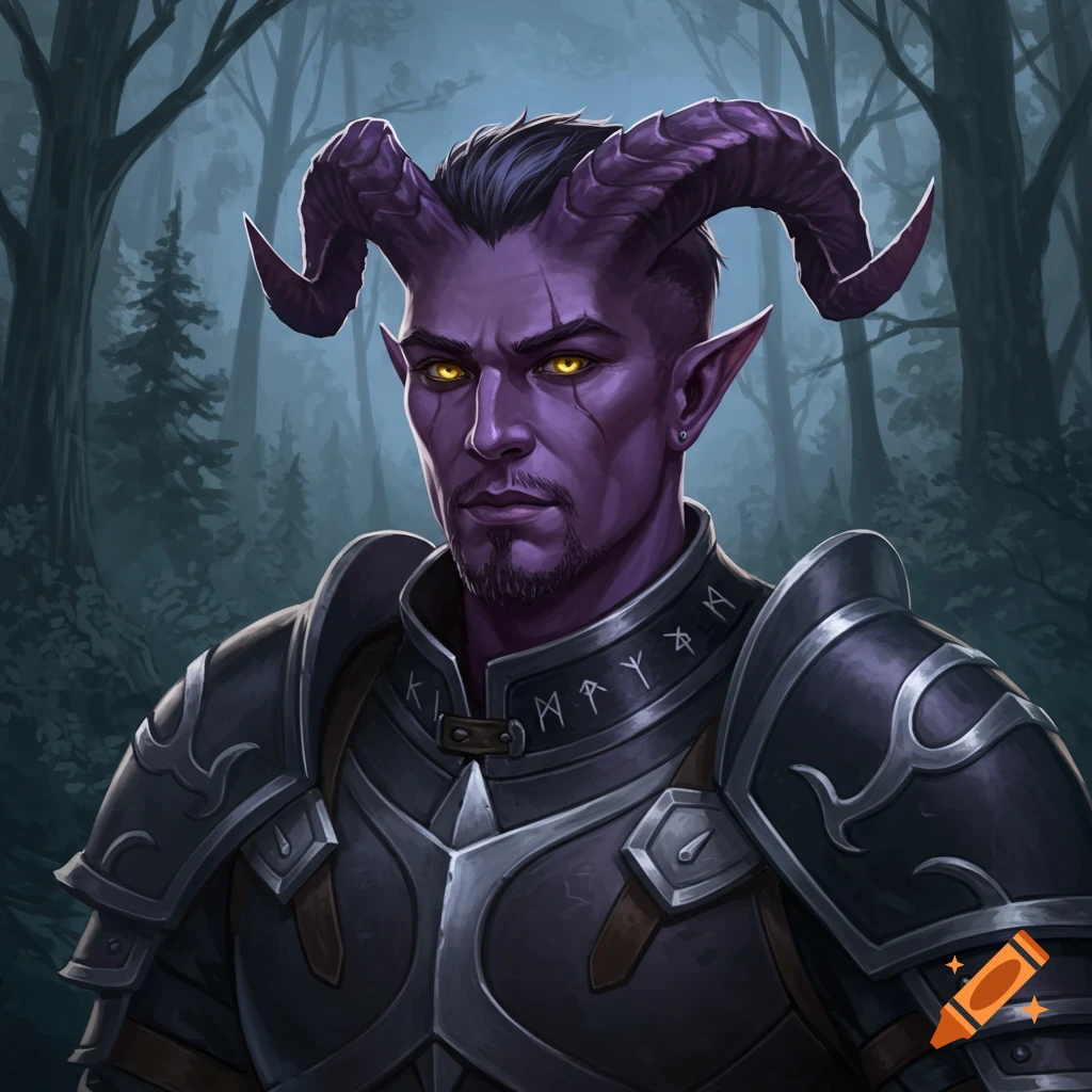 A purple-skinned male tiefling character with horns and golden eyes wearing armor is in a forest.