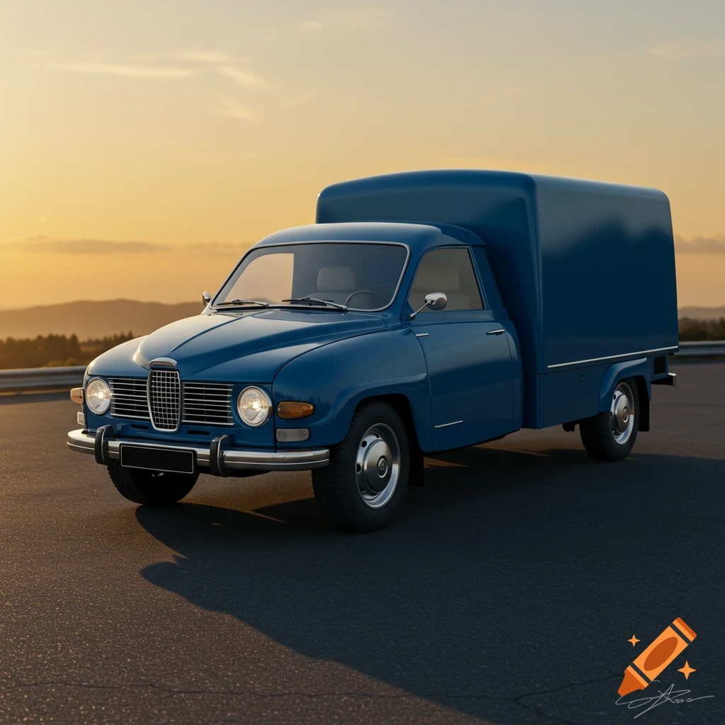 A blue classic Saab truck parked on a road at sunset with mountains in the background.